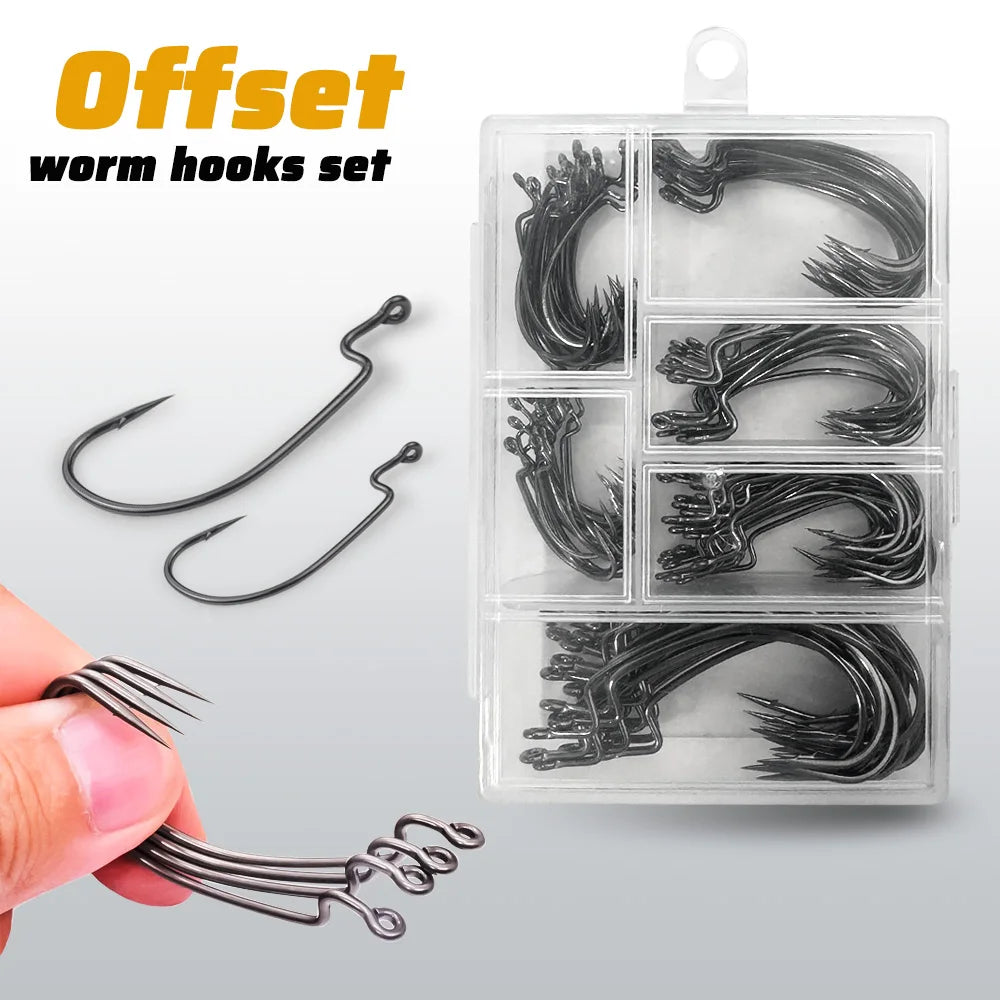 60pcs/ Box Worm Hooks Wide Gap Texas Rig Jig Crank Bass High Carbon Steel Offset Barbed Hook Fishing Tackle Soft Lure Fishhook