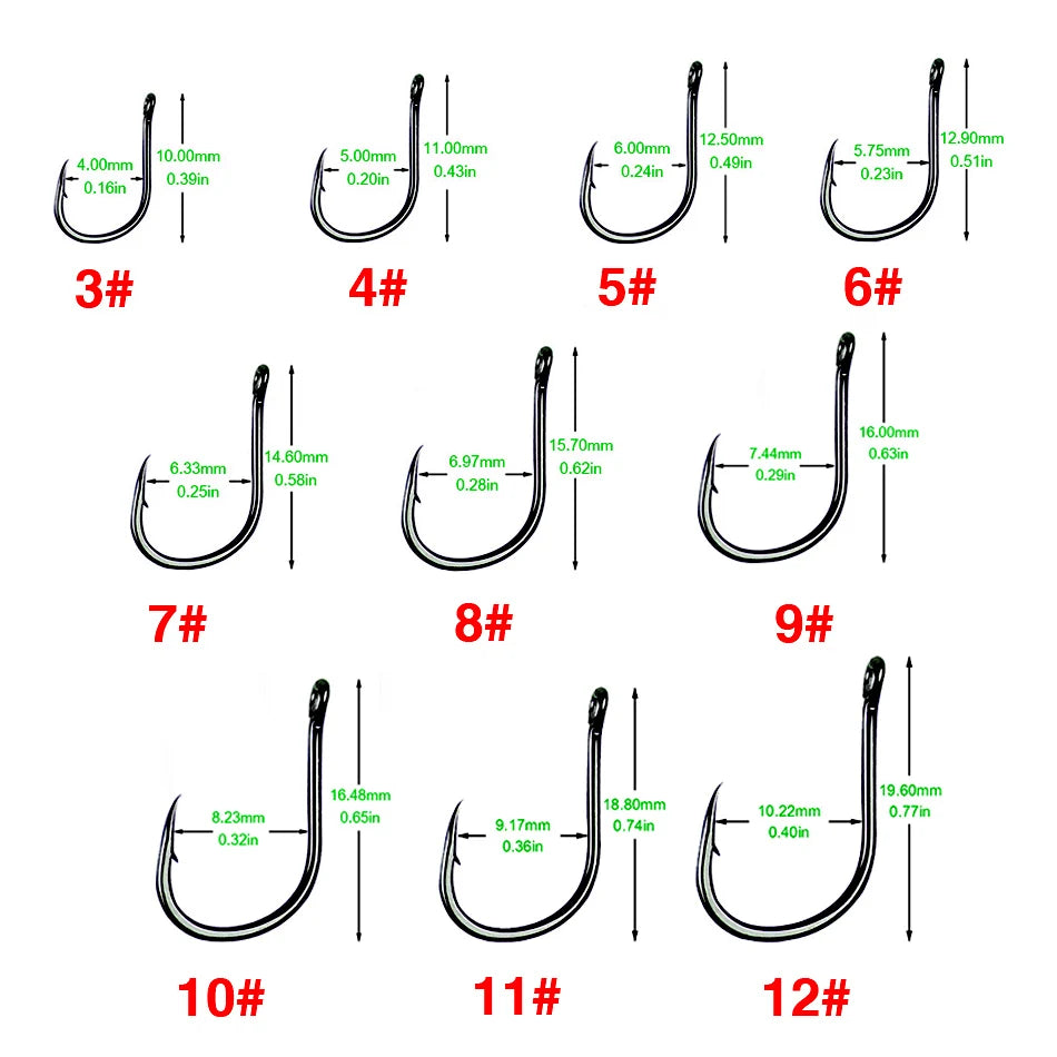 100Pcs Size 3-12# Ring Eye Fishhooks Circle Carp Eyed Fishing Hook High Carbon Steel Fishing Hooks Single Jig Fish Hook Tackle