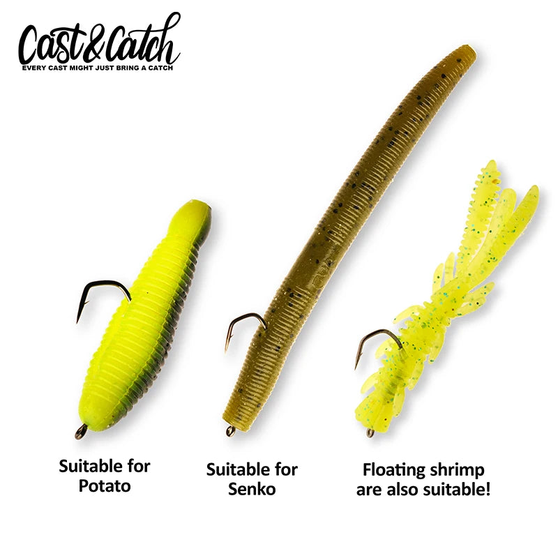 Cast&Catch 8PCS Lock Pin Long Hook High Carbon Steel Barbed Hook Soft Worm Lure Bass Carp Freshwater Fishing Hook