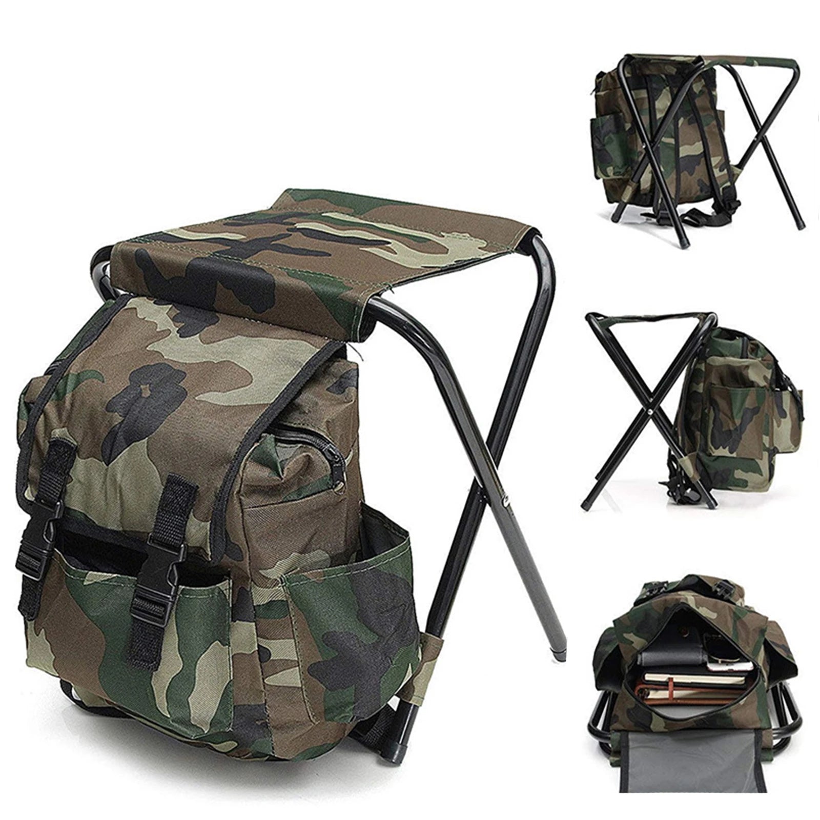 Outdoor Portable Camouflage Folding Chair Stool 100kg Max Load Oxford Cloth Stool Backpack For Camping Fishing