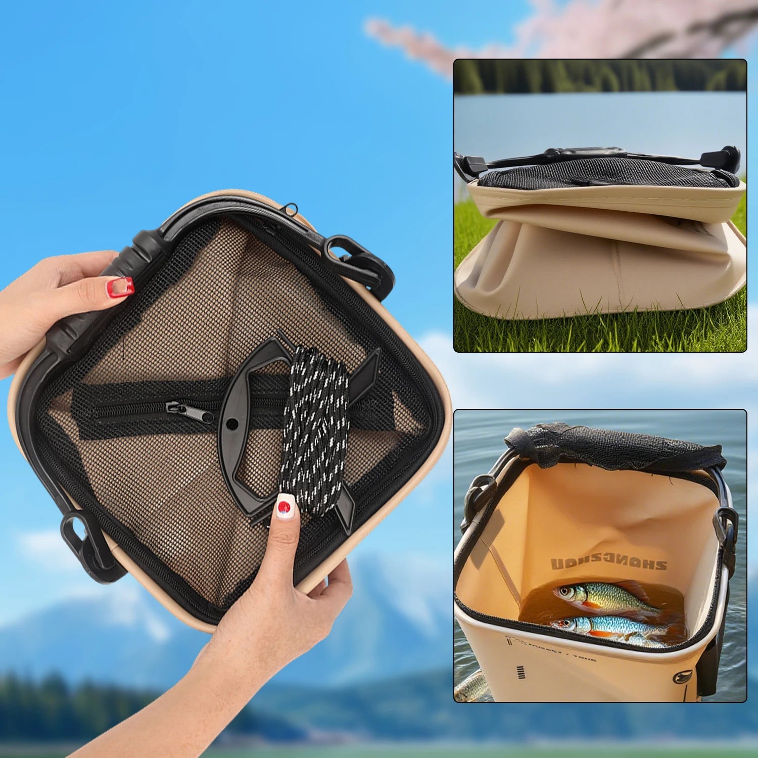 Foldable and Portable Net Live Fish Buckets EVA with Rope Water Bucket Outdoor Fishing Bucket for Wild Fishing Household Buckets