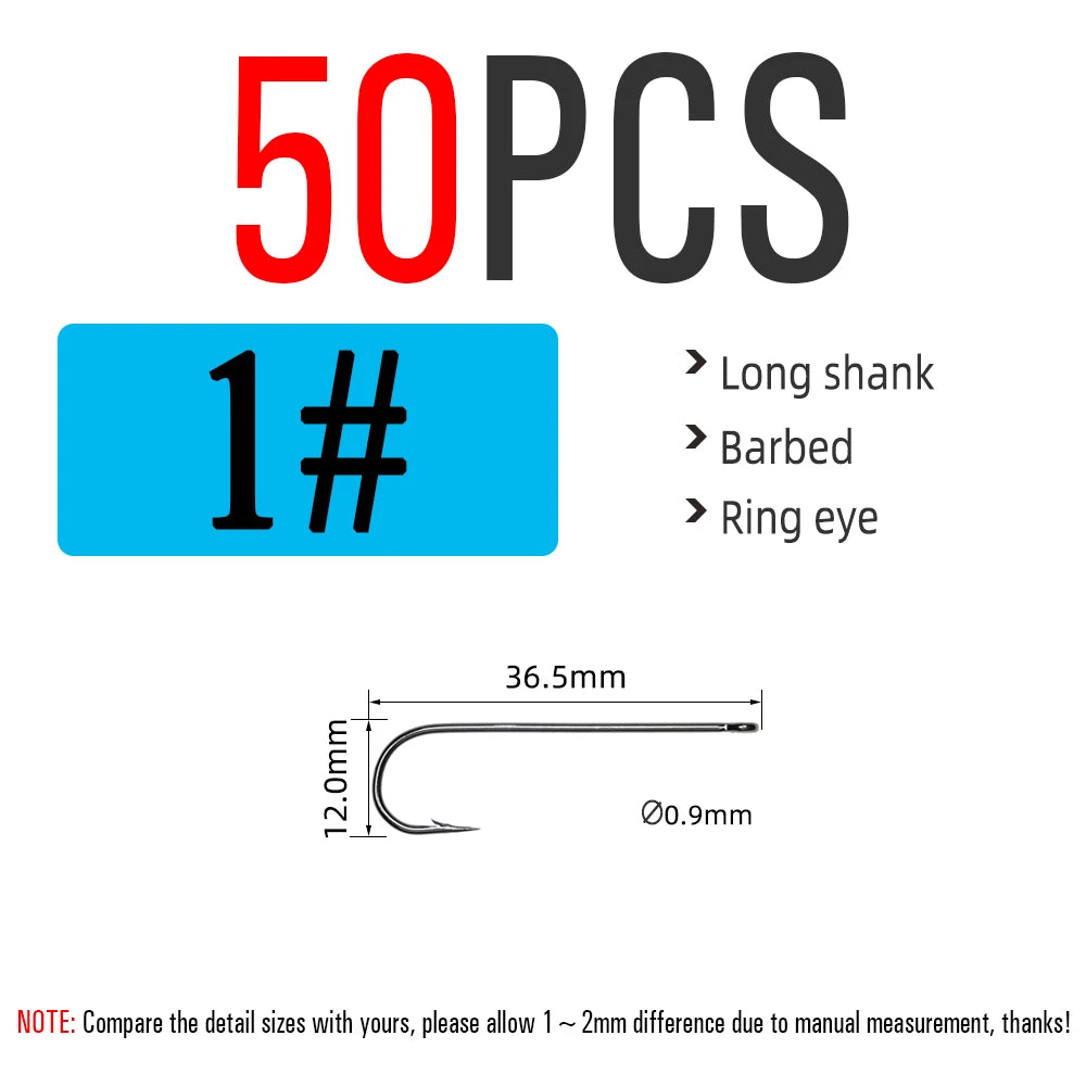 ICERIO 50PCS Aberdeen Long Shank Fish Hook Saltwater Fresh Water Fishing Hooks Sabiki Rig Streamer Fly Hook Size 10 4 2 2/0 3/0