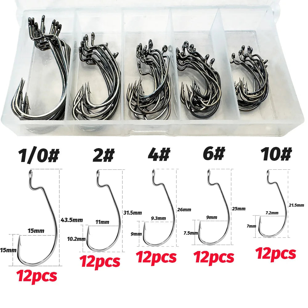 60pcs/ Box Worm Hooks Wide Gap Texas Rig Jig Crank Bass High Carbon Steel Offset Barbed Hook Fishing Tackle Soft Lure Fishhook